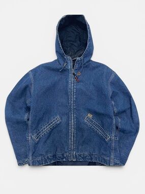 VTG Wrangler Riggs Denim Hooded Winter Jacket Work Quilt Lined Chore Mens Y2K